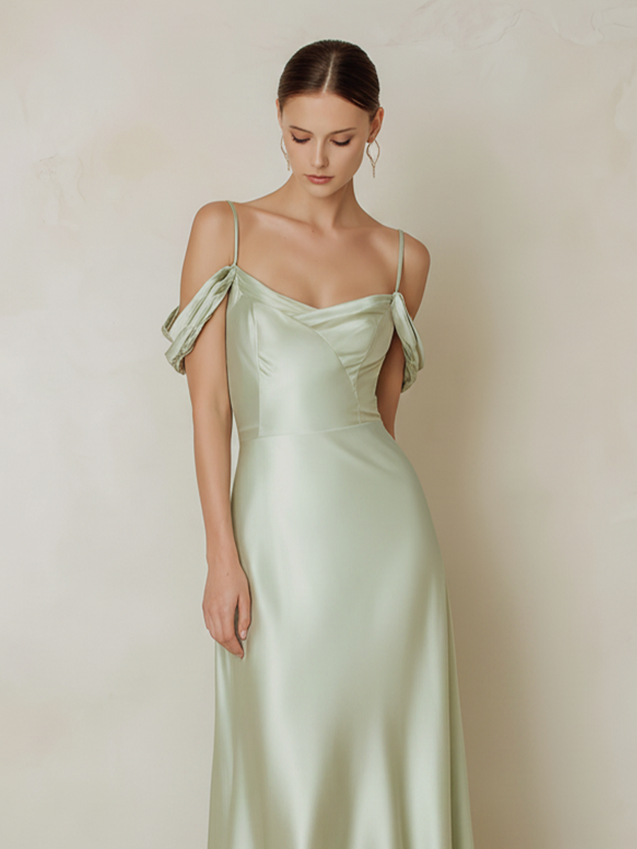 Women's Sage Green Satin Midi Dress With Cold Shoulder & High-Low Hem, Timeless Elegant Bridesmaid Dress MDZ2694E2LYL