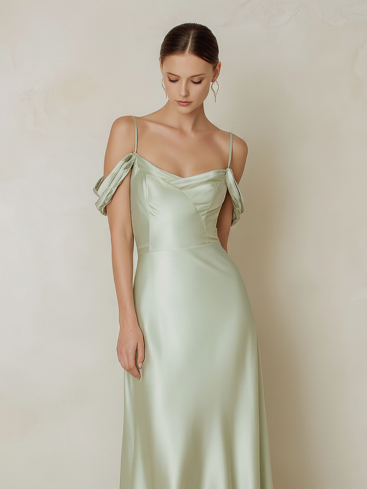 Women's Sage Green Satin Midi Dress With Cold Shoulder & High-Low Hem, Timeless Elegant Bridesmaid Dress MDZ2694E2LYL