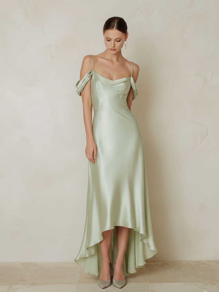 Women's Sage Green Satin Midi Dress With Cold Shoulder & High-Low Hem, Timeless Elegant Bridesmaid Dress MDZ2694E2LYL