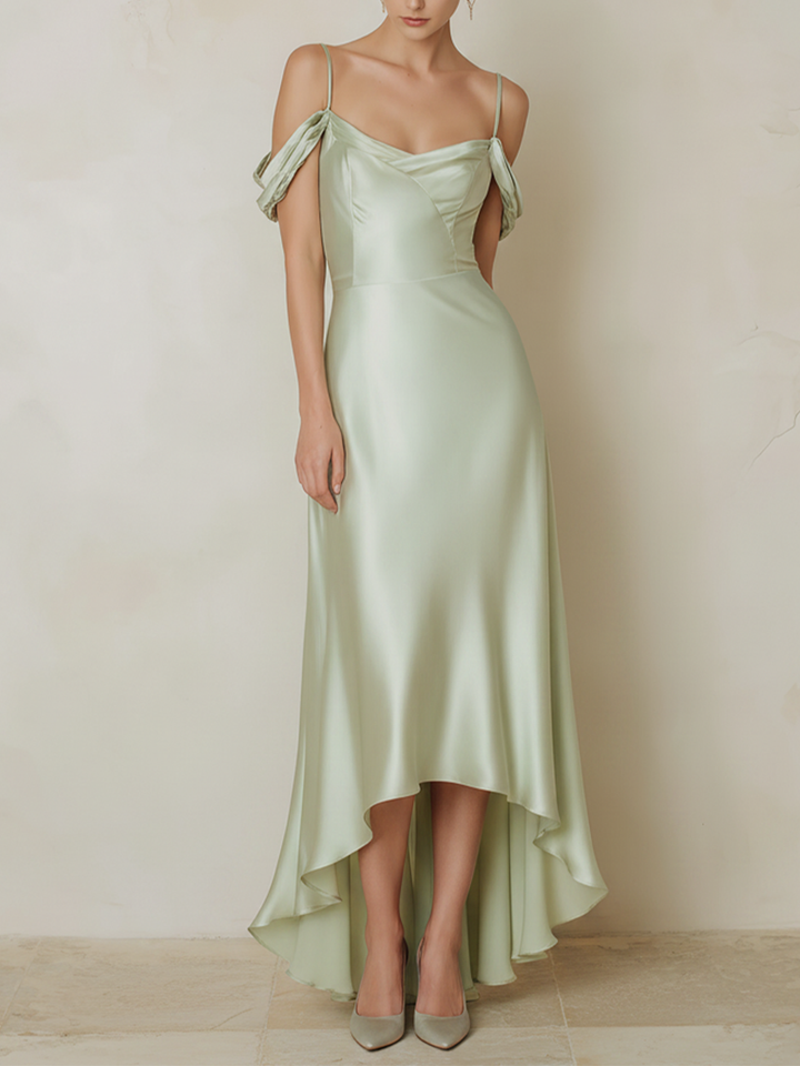 Women's Sage Green Satin Midi Dress With Cold Shoulder & High-Low Hem, Timeless Elegant Bridesmaid Dress MDZ2694E2LYL