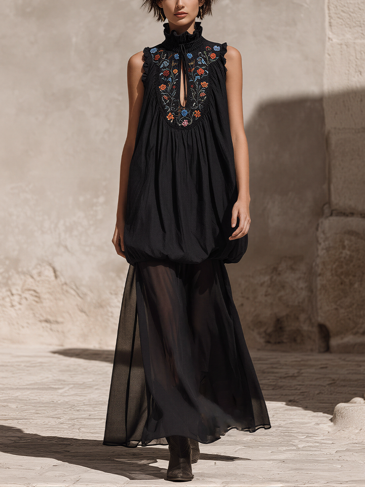 Women’s Black Cotton-LinenBoho Sleeveless Dress With Floral Embroidery & Sheer Chiffon Hem MDZ2643E3T