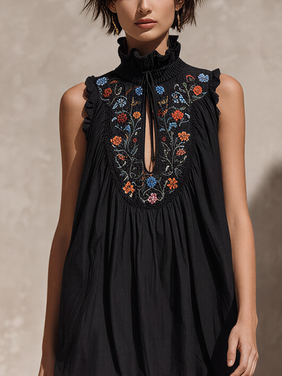 Women’s Black Cotton-LinenBoho Sleeveless Dress With Floral Embroidery & Sheer Chiffon Hem MDZ2643E3T