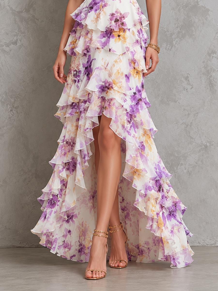 Women's Chiffon Printed V-Neck Strappy Gown With Asymmetrical Ruffles And High-Low Hem MDZ2696E8ZJW