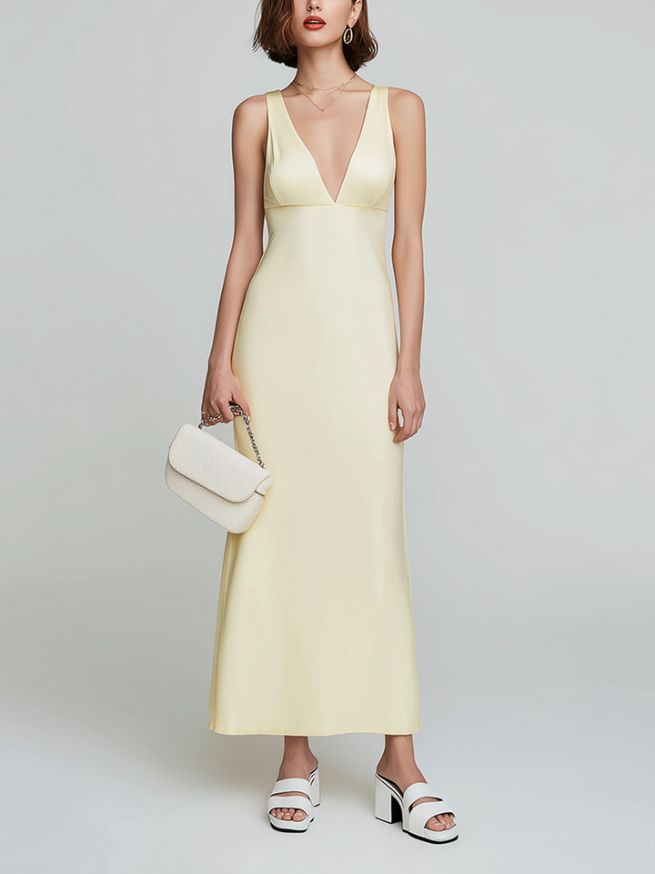 Women's Minimalist Pale Yellow Satin V-Neck Sleeveless Fitted Maxi Gown MDZ2644E1ZJW