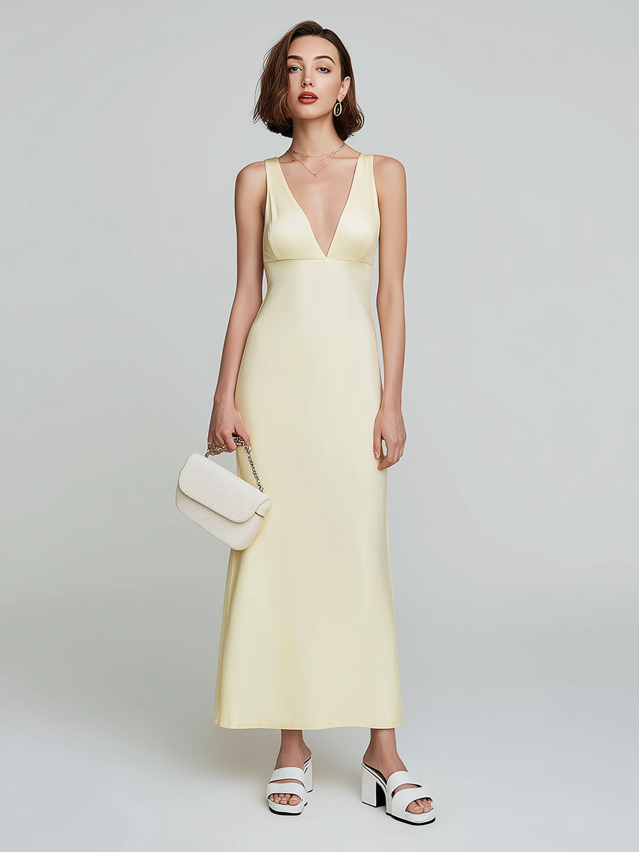 Women's Minimalist Pale Yellow Satin V-Neck Sleeveless Fitted Maxi Gown MDZ2644E1ZJW