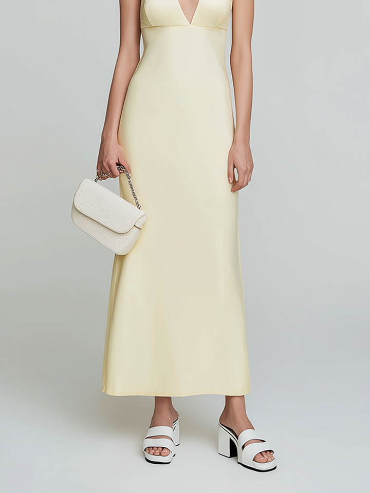 Women's Minimalist Pale Yellow Satin V-Neck Sleeveless Fitted Maxi Gown MDZ2644E1ZJW