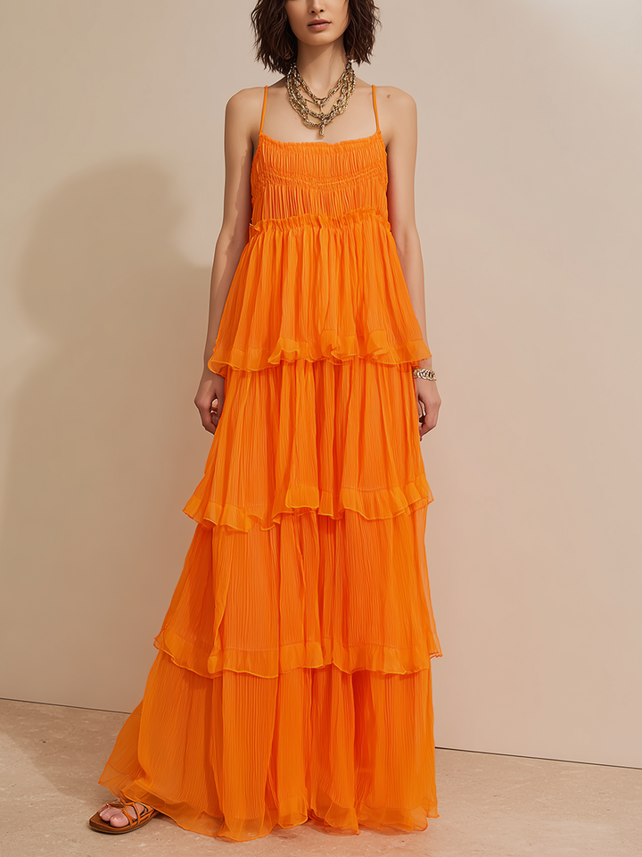 Women's Minimalist Vacation-Style Orange Chiffon Spaghetti-Strap Tiered Maxi Dress MDZ2646E9ZJW