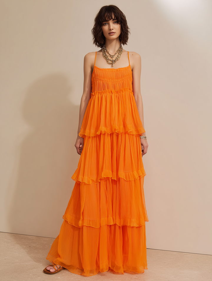 Women's Minimalist Vacation-Style Orange Chiffon Spaghetti-Strap Tiered Maxi Dress MDZ2646E9ZJW