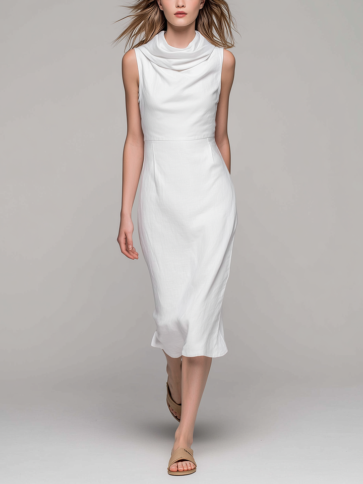 Women's Minimalist Rayon-Linen Blend Cowl-Neck Sleeveless White Midi Dress MDZ2600E2ZJW