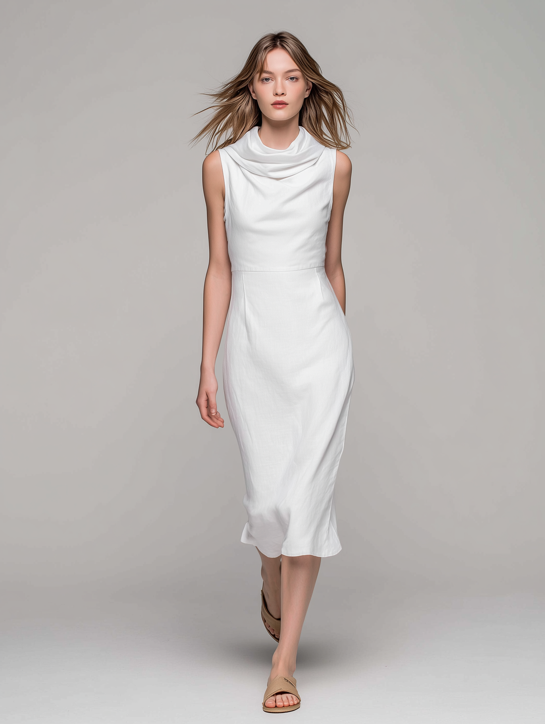 Women's Minimalist Rayon-Linen Blend Cowl-Neck Sleeveless White Midi Dress MDZ2600E2ZJW