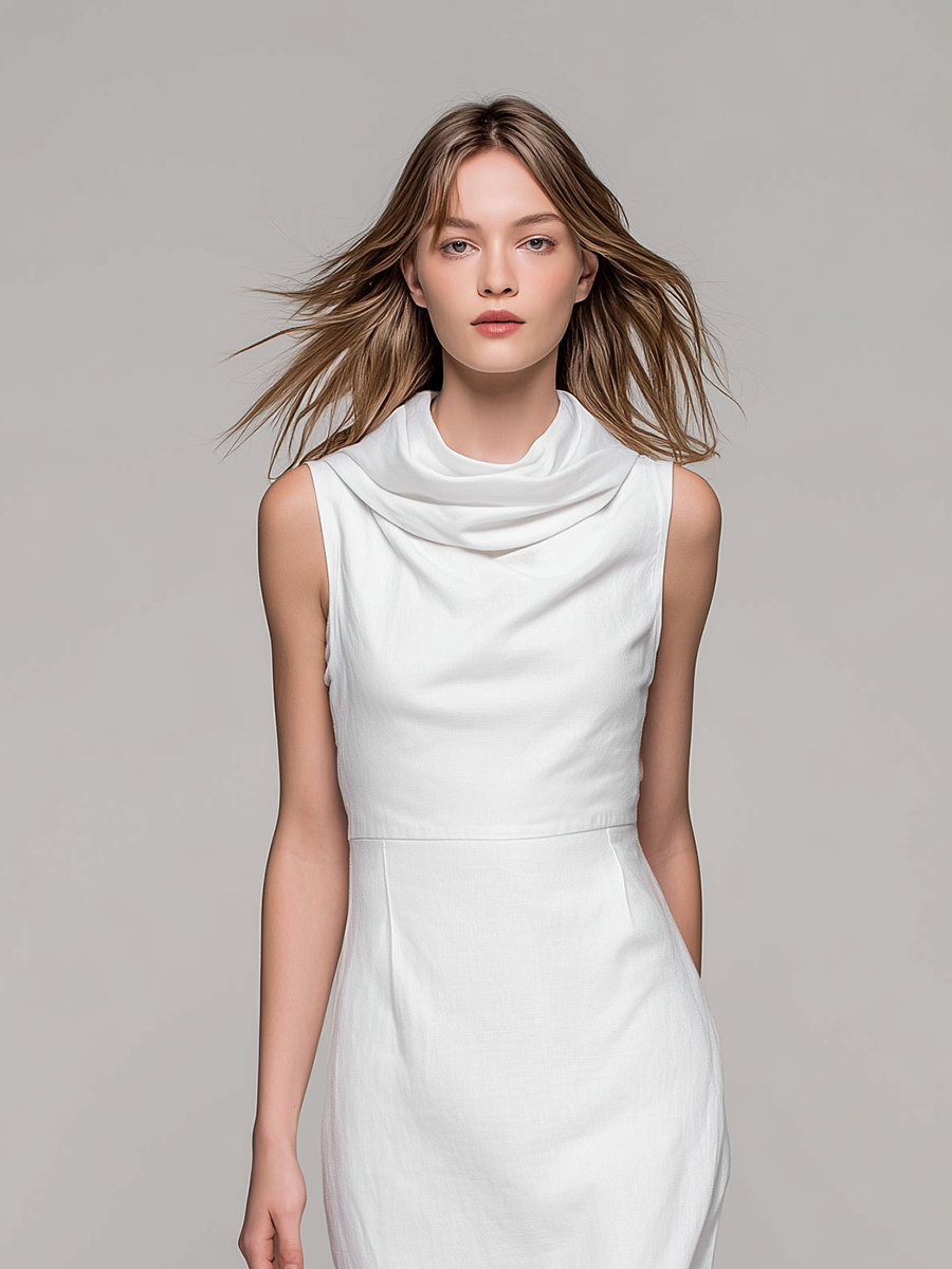 Women's Minimalist Rayon-Linen Blend Cowl-Neck Sleeveless White Midi Dress MDZ2600E2ZJW