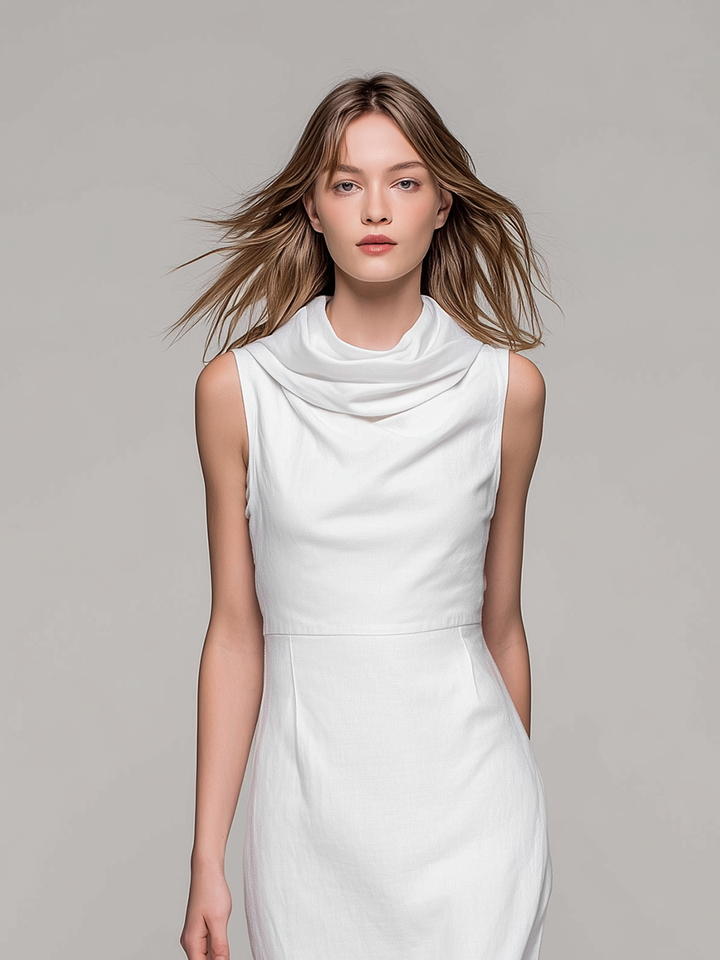 Women's Minimalist Rayon-Linen Blend Cowl-Neck Sleeveless White Midi Dress MDZ2600E2ZJW