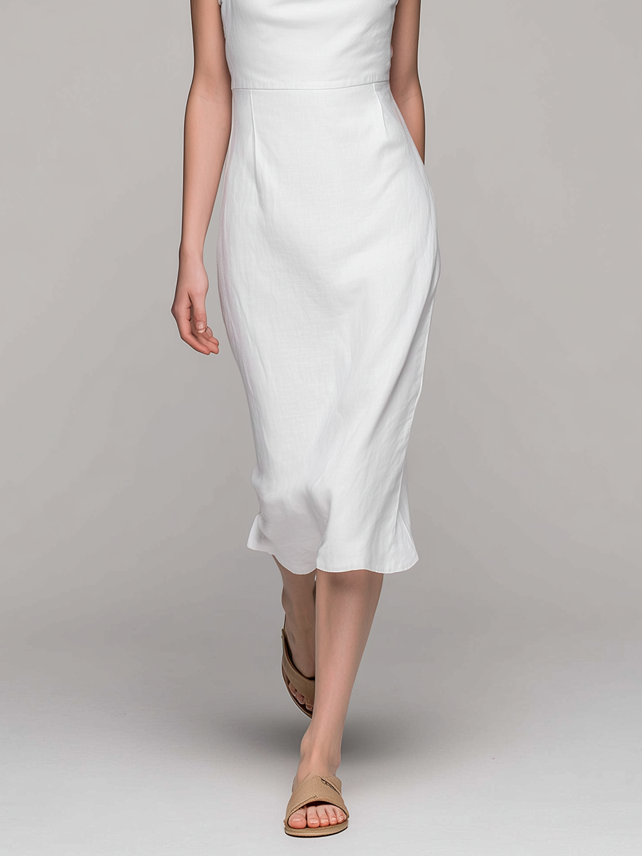 Women's Minimalist Rayon-Linen Blend Cowl-Neck Sleeveless White Midi Dress MDZ2600E2ZJW