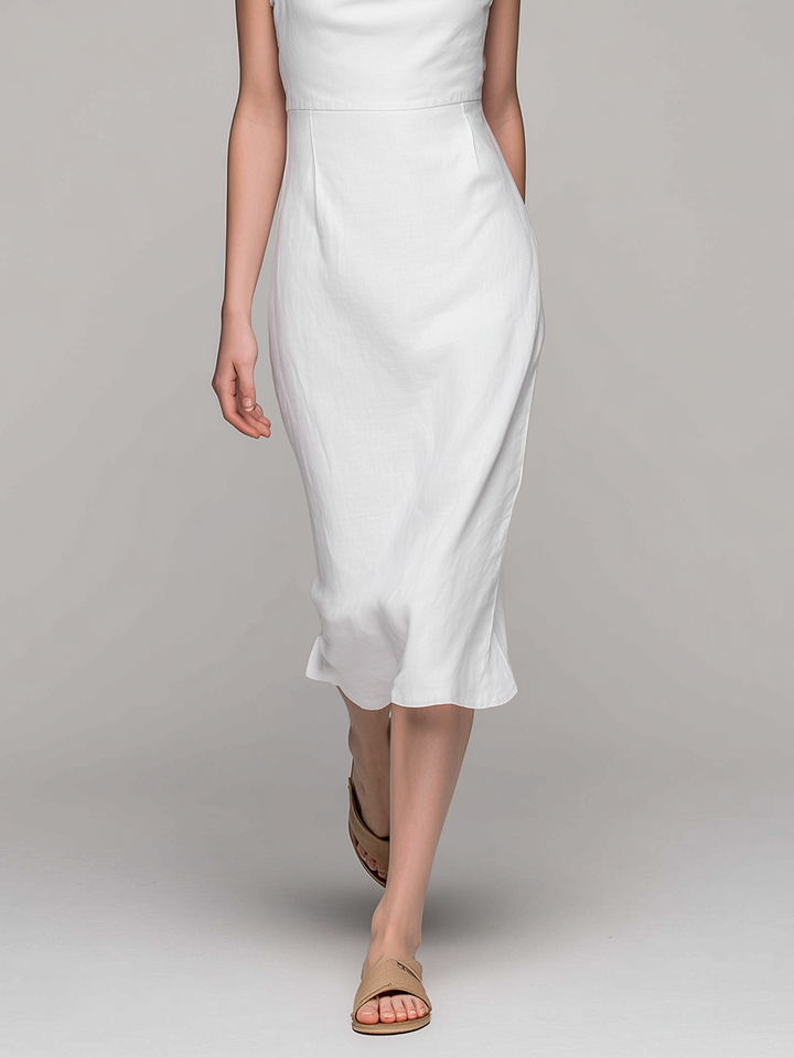 Women's Minimalist Rayon-Linen Blend Cowl-Neck Sleeveless White Midi Dress MDZ2600E2ZJW