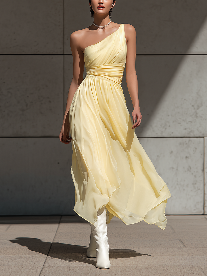Women’s Pale Yellow One-Shoulder Chiffon Midi Dress With Ruched Bodice & Asymmetrical Hem MDZ2634E0T