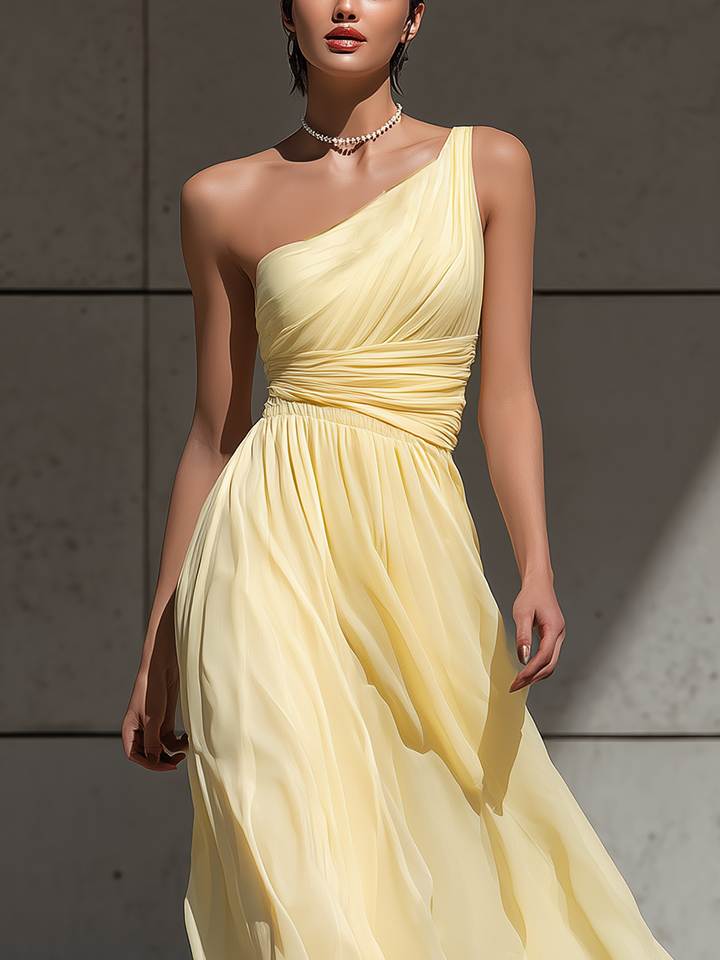 Women’s Pale Yellow One-Shoulder Chiffon Midi Dress With Ruched Bodice & Asymmetrical Hem MDZ2634E0T