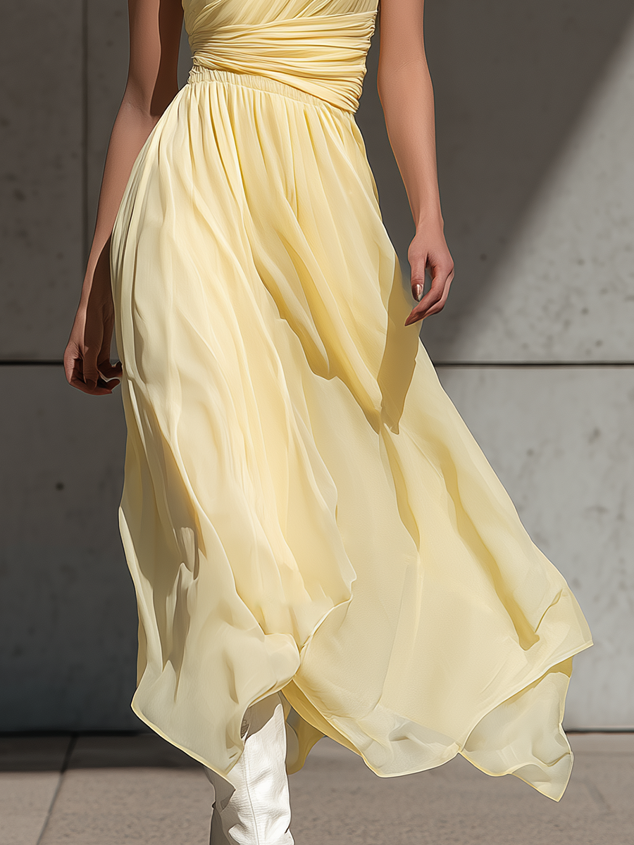 Women’s Pale Yellow One-Shoulder Chiffon Midi Dress With Ruched Bodice & Asymmetrical Hem MDZ2634E0T