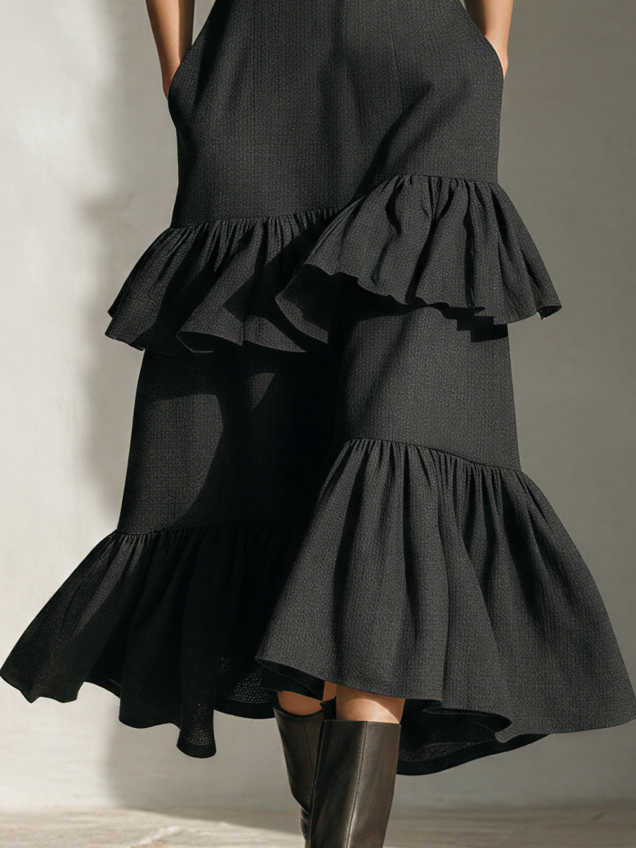 Women’s Black Off-the-Shoulder Tiered Ruffle Midi Dress With Halter Straps & Front Buttons MDZ2693E7T