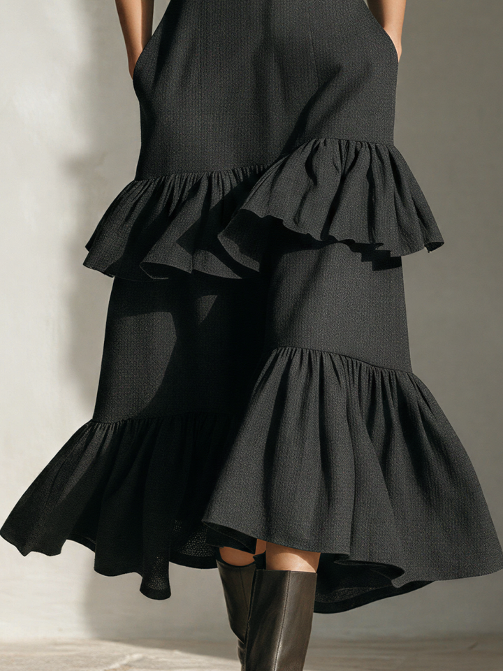 Women’s Black Off-the-Shoulder Tiered Ruffle Midi Dress With Halter Straps & Front Buttons MDZ2693E7T