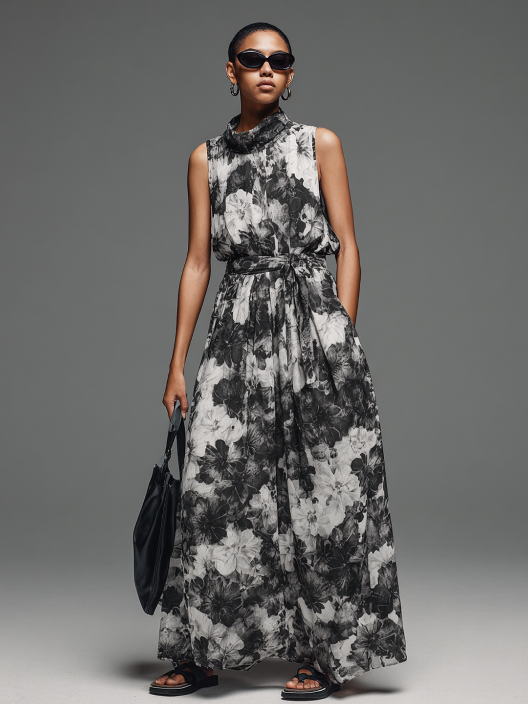 Women's Commuter Black And White Printed Cotton Blend High Neck Tie-Waist Sleeveless Maxi Dress MDZ2604E0GMJ