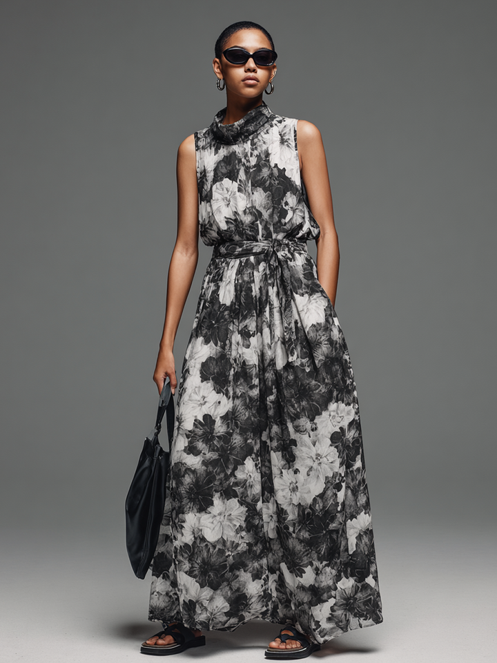 Women's Commuter Black And White Printed Cotton Blend High Neck Tie-Waist Sleeveless Maxi Dress MDZ2604E0GMJ