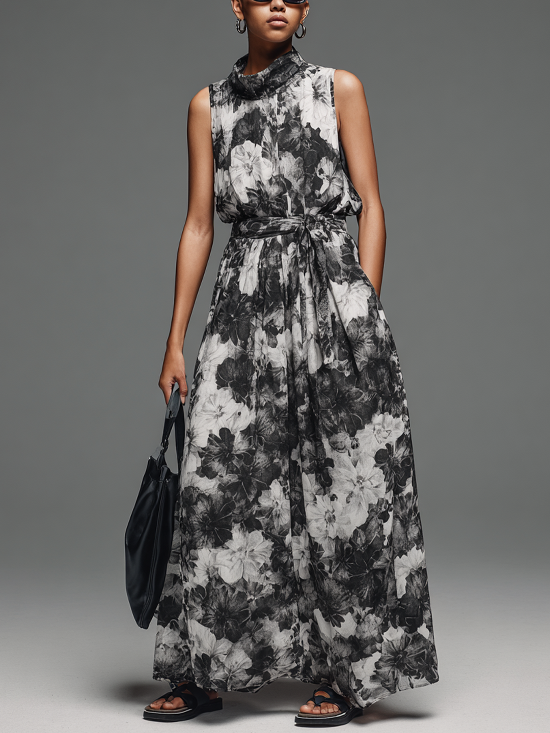 Women's Commuter Black And White Printed Cotton Blend High Neck Tie-Waist Sleeveless Maxi Dress MDZ2604E0GMJ
