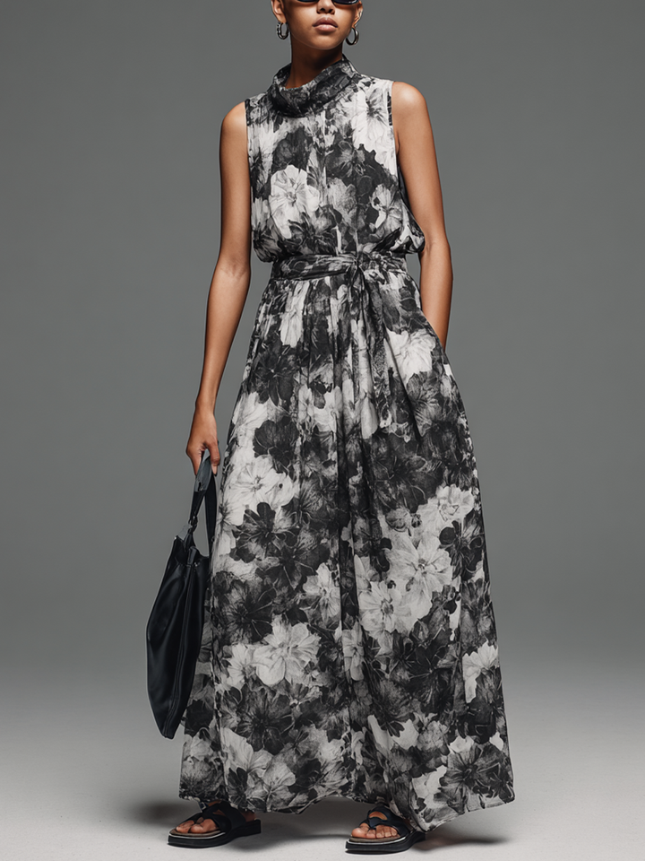 Women's Commuter Black And White Printed Cotton Blend High Neck Tie-Waist Sleeveless Maxi Dress MDZ2604E0GMJ