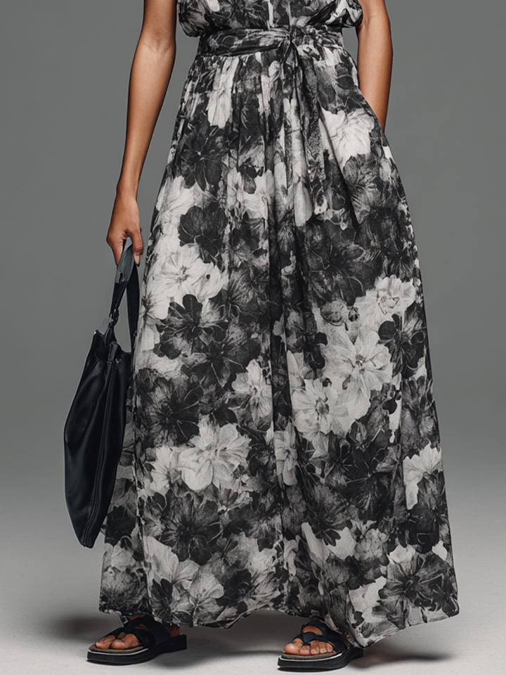 Women's Commuter Black And White Printed Cotton Blend High Neck Tie-Waist Sleeveless Maxi Dress MDZ2604E0GMJ