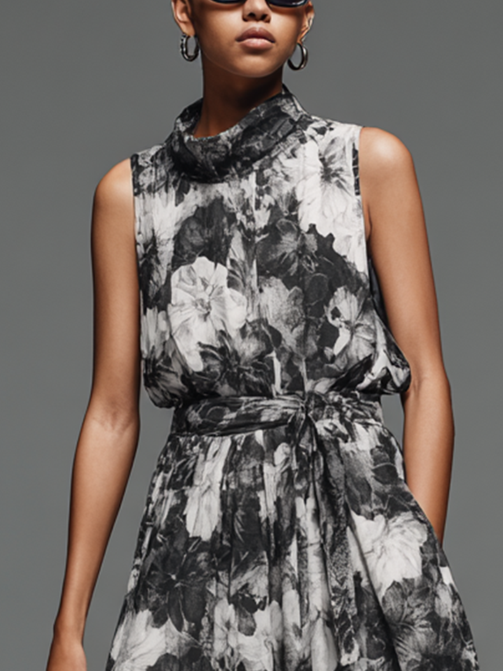 Women's Commuter Black And White Printed Cotton Blend High Neck Tie-Waist Sleeveless Maxi Dress MDZ2604E0GMJ