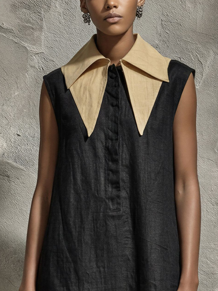 Women's Minimalist Black Linen-Cotton Contrast Point Collar Half-Placket Sleeveless Straight Midi Dress MDZ2636E2GMJ