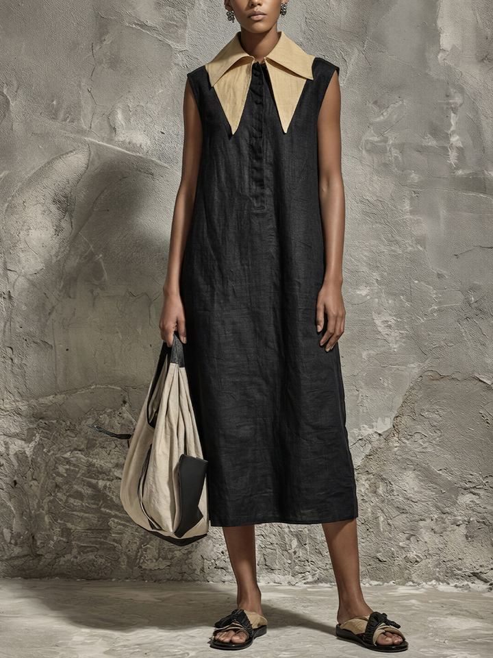 Women's Minimalist Black Linen-Cotton Contrast Point Collar Half-Placket Sleeveless Straight Midi Dress MDZ2636E2GMJ