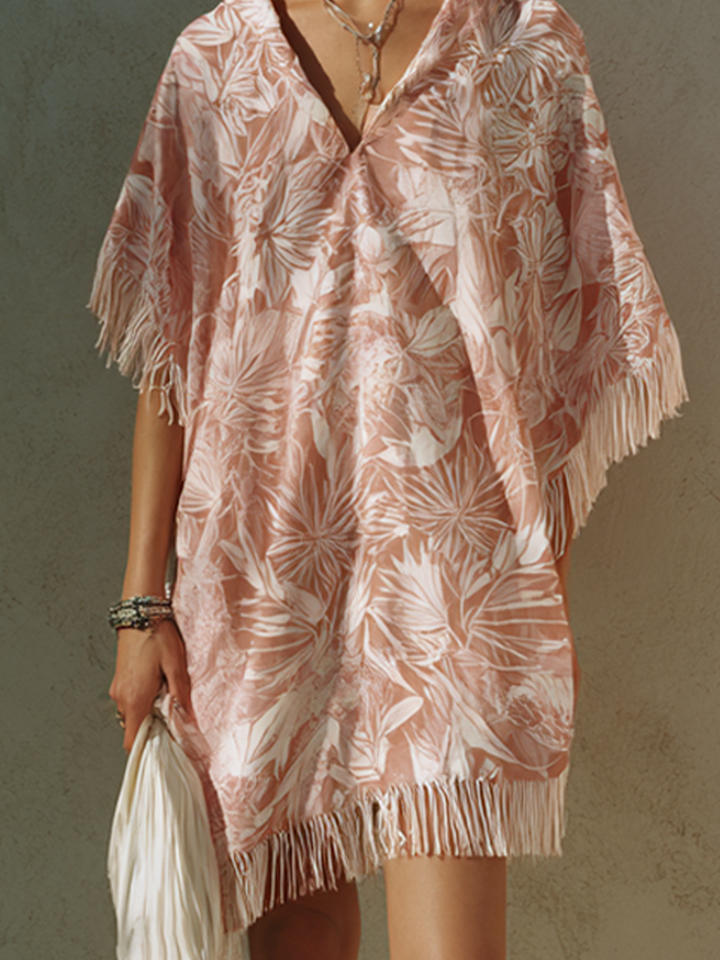 Women's Pink Tropical Print Mini Dress With Tassel Trim MDZ2722E1ZRK
