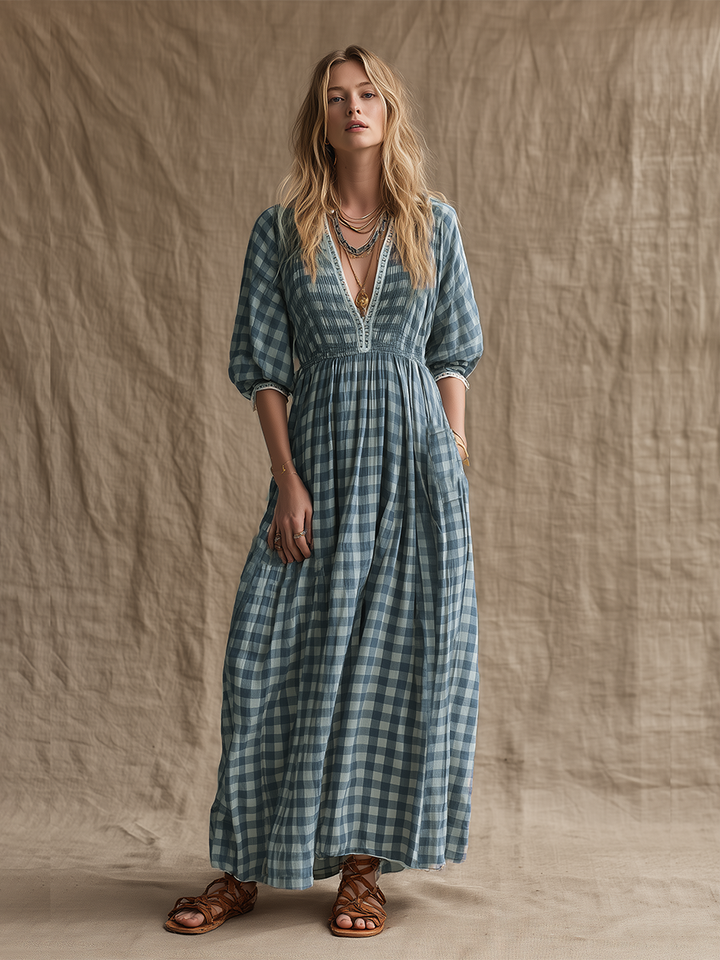 Women's Blue Gingham Cotton-Blend Maxi Dress With Smocked Waist & Puff Sleeves, Timeless Boho Casual Dress MDZ2742E5LYL