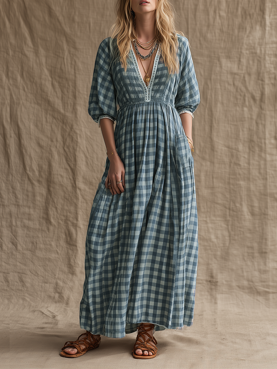 Women's Blue Gingham Cotton-Blend Maxi Dress With Smocked Waist & Puff Sleeves, Timeless Boho Casual Dress MDZ2742E5LYL
