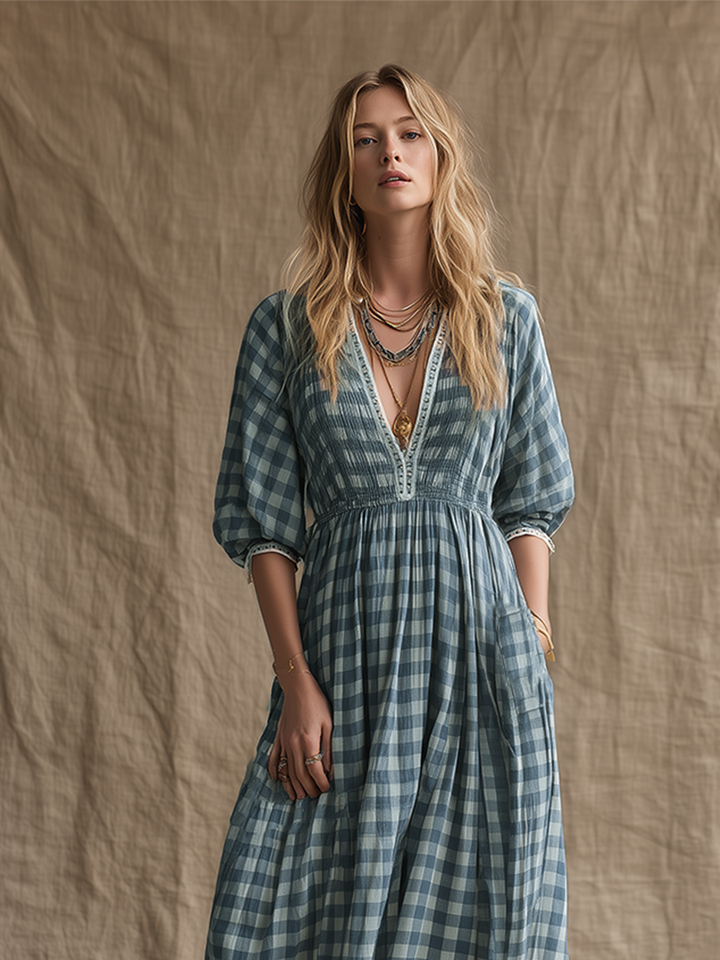 Women's Blue Gingham Cotton-Blend Maxi Dress With Smocked Waist & Puff Sleeves, Timeless Boho Casual Dress MDZ2742E5LYL