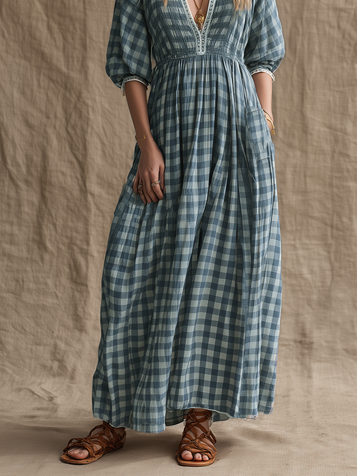 Women's Blue Gingham Cotton-Blend Maxi Dress With Smocked Waist & Puff Sleeves, Timeless Boho Casual Dress MDZ2742E5LYL