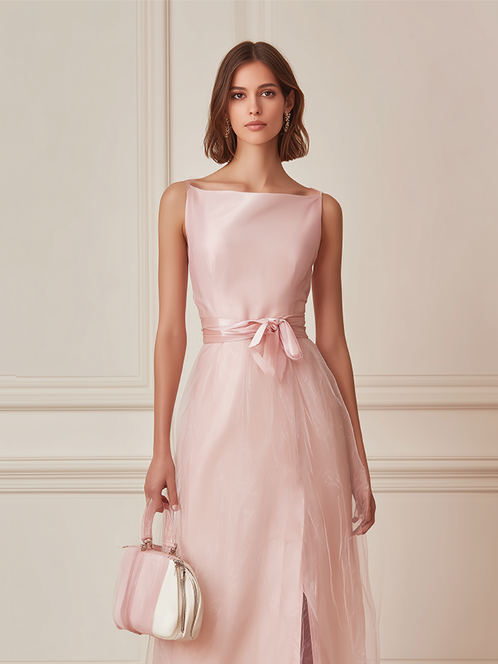 Women's Blush Pink Satin & Tulle Maxi Dress With Bow Waist & Side Slit, Timeless Elegant Bridesmaid Dress MDZ2784E7LYL