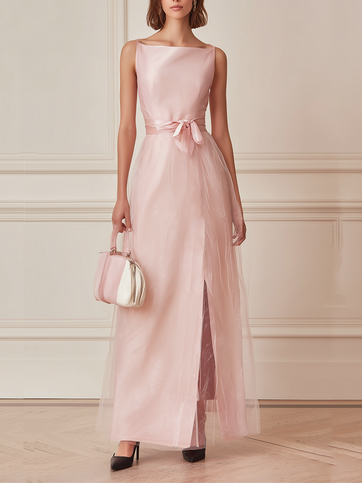 Women's Blush Pink Satin & Tulle Maxi Dress With Bow Waist & Side Slit, Timeless Elegant Bridesmaid Dress MDZ2784E7LYL