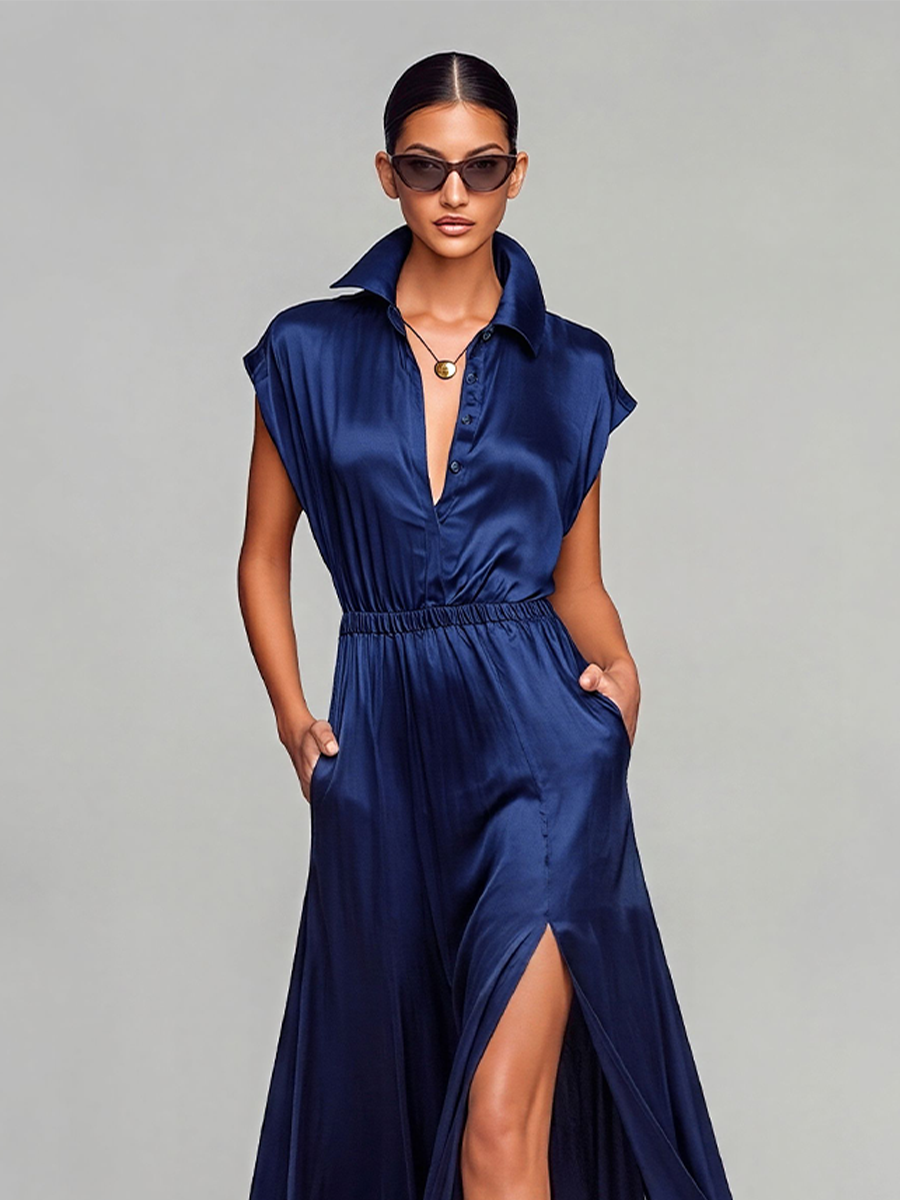 Women's Navy Blue Satin Maxi Shirt Dress With Collar Neck & Asymmetrical Hem, Timeless Elegant Casual Dress MDZ2711E5LYL
