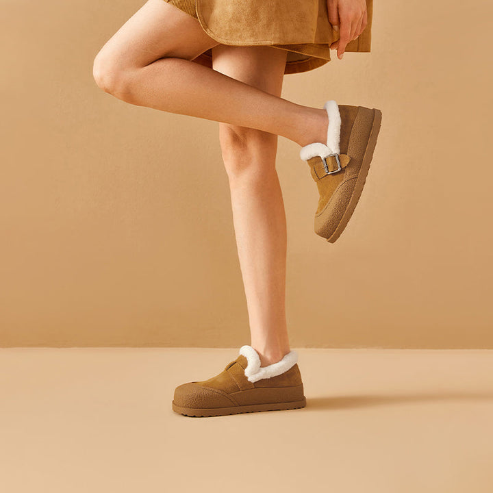 BeauToday Plush Lined Flat Shoes Buckle Strap Fuzzy Flats Round Toe Slip-on Casual Flat Shoes for Women