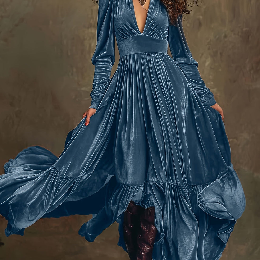 SERAFINA | RETRO OVERSIZED SKIRT LONG DRESS WITH DEEP V-NECK