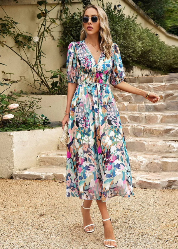 ELINA - Flattering Floral Midi Dress