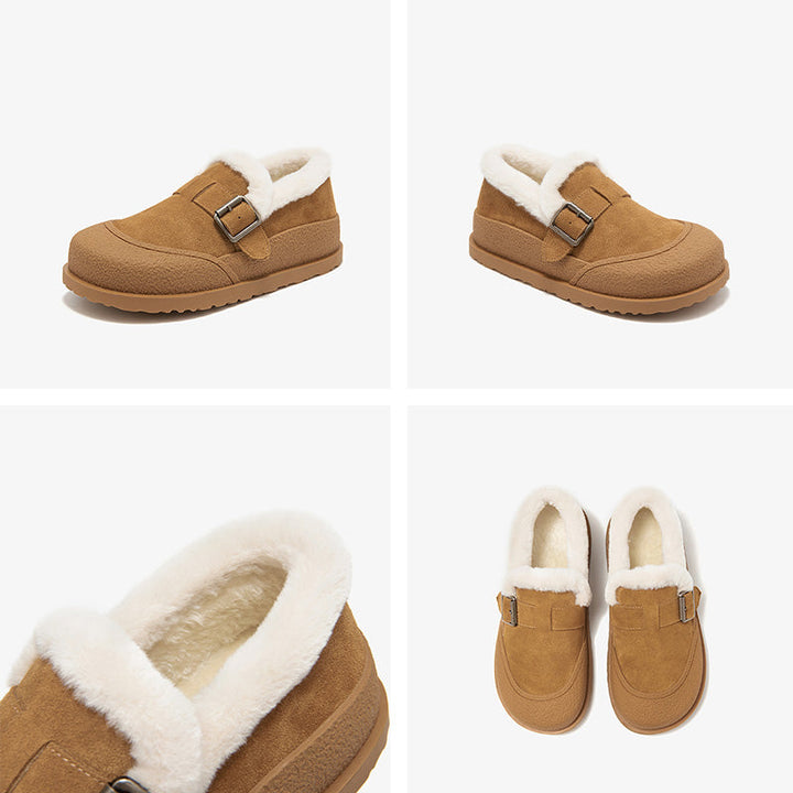 BeauToday Plush Lined Flat Shoes Buckle Strap Fuzzy Flats Round Toe Slip-on Casual Flat Shoes for Women