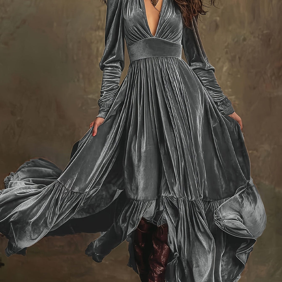 SERAFINA | RETRO OVERSIZED SKIRT LONG DRESS WITH DEEP V-NECK