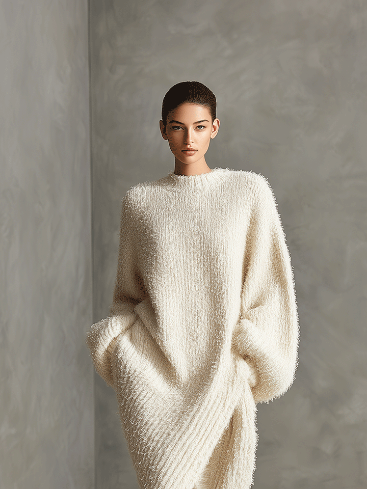 Women's Cream Elegant Faux Mink Knit Asymmetric Slit Midi Dress MDA0245I2I
