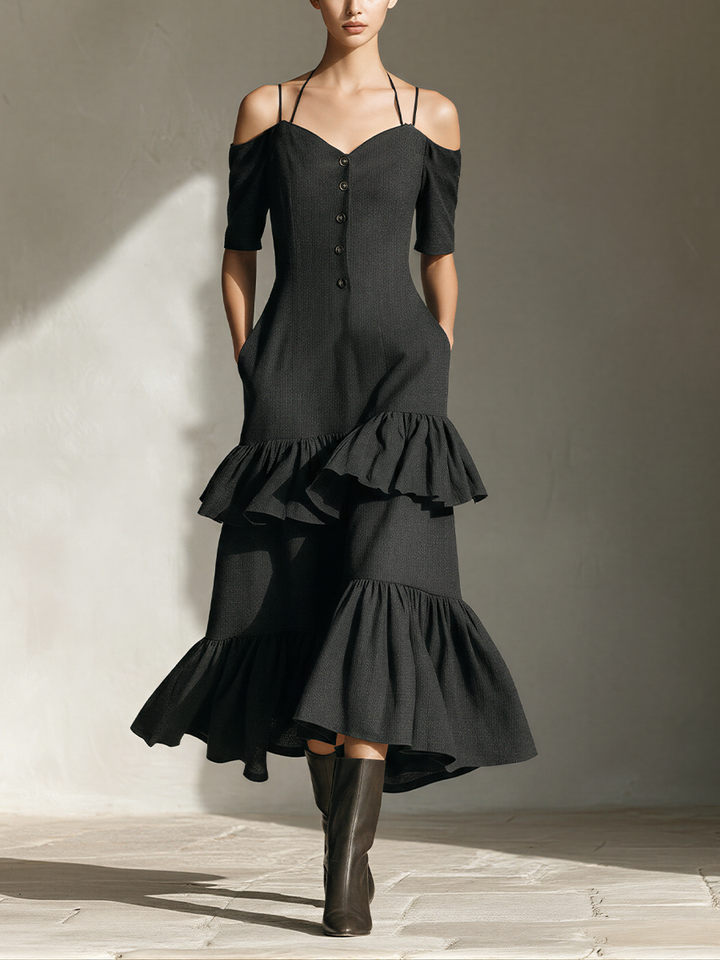 Women’s Black Off-the-Shoulder Tiered Ruffle Midi Dress With Halter Straps & Front Buttons MDZ2693E7T