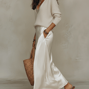 Effortless Ivory Knit & Satin Midi Ensemble