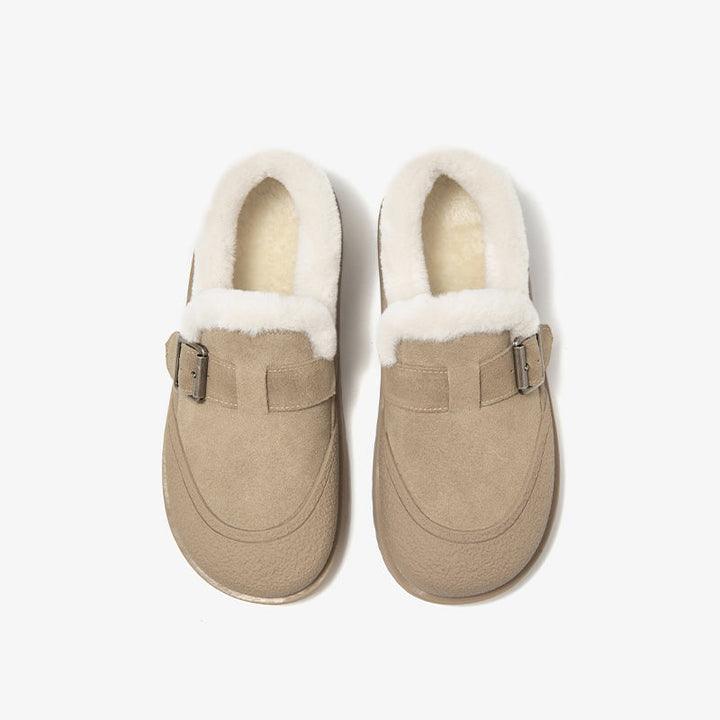 BeauToday Plush Lined Flat Shoes Buckle Strap Fuzzy Flats Round Toe Slip-on Casual Flat Shoes for Women