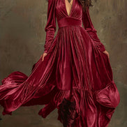 SERAFINA | RETRO OVERSIZED SKIRT LONG DRESS WITH DEEP V-NECK