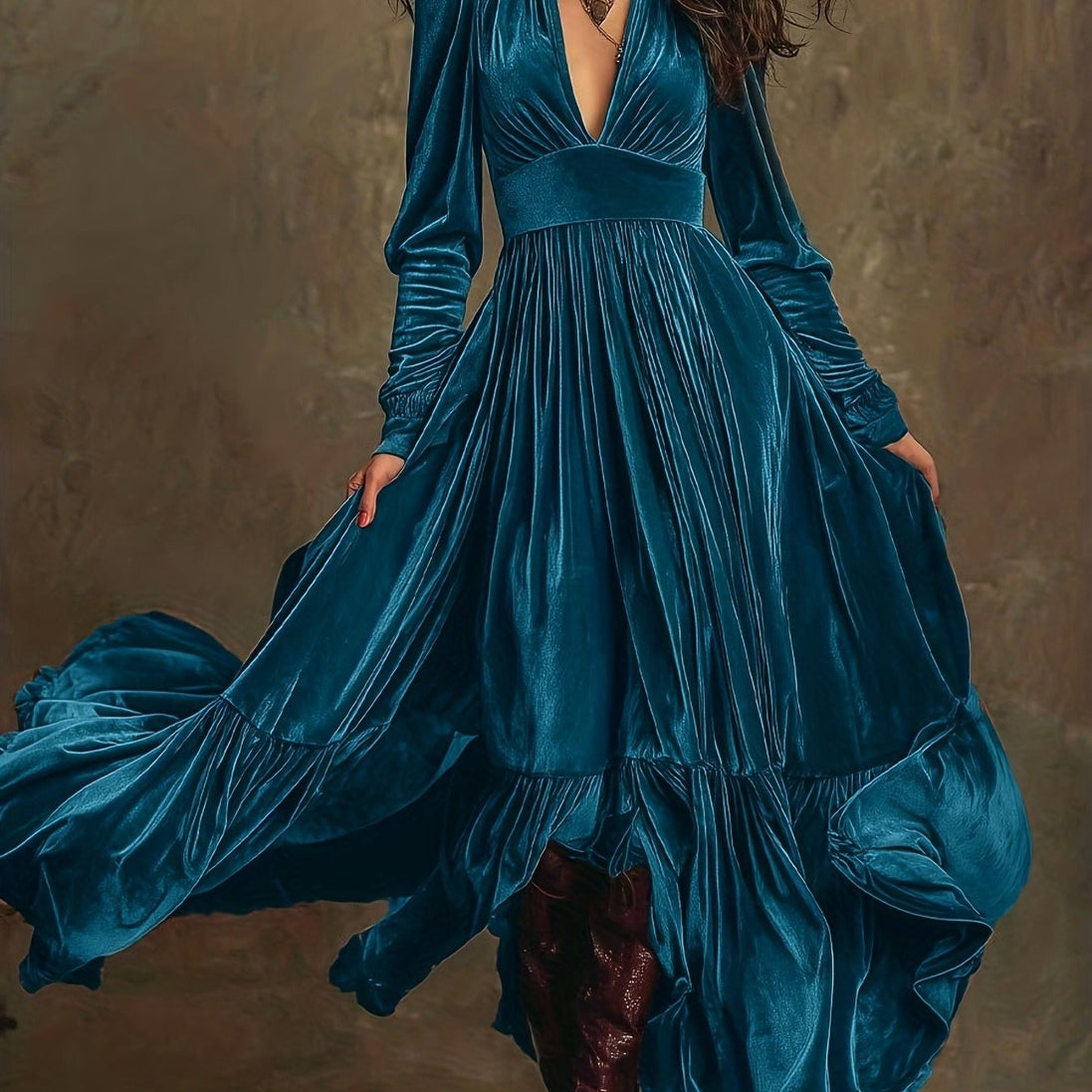 SERAFINA | RETRO OVERSIZED SKIRT LONG DRESS WITH DEEP V-NECK